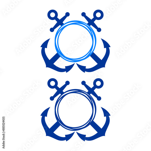 Logo nautical. Silueta de anclas de barco cruzados con marco circular con líneas