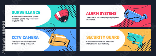 Template of video surveillance systems banners set. Security cameras in pop art style for observation, monitoring. CCTV cams, equipment with lens for outdoors and home safety. Flat vector illustration