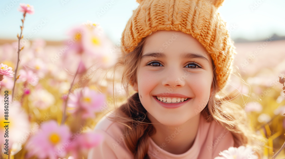 Young girl in a knitted yellow hat smiling among pink wildflowers in a sunny meadow. Childhood joy, outdoor activity, nature photography, spring season, happiness, vibrant colors concept. Young girl in a knitted yellow hat smiling among pink wildflowers in a sunny meadow. Childhood joy, outdoor activity, nature photography, spring season, happiness, vibrant colors concept.