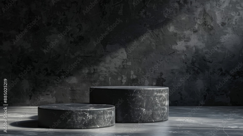 Fototapeta premium Black stone Podium background. Black Concrete Material place for the product Display Presentation. Kitchen, cosmetics, jewellery podium advertising mockup photography in luxury style.
