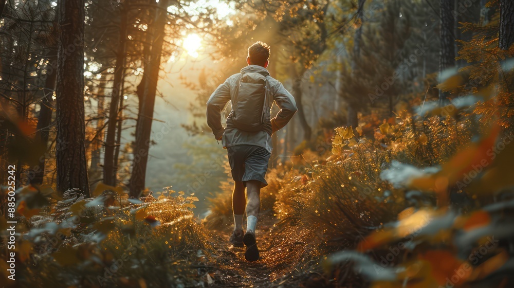 Fototapeta premium Facing the challenges of the mountain trail, the trail runner is dedicated to running and fully experiencing the beauty of nature.