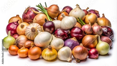 High-quality image featuring a vibrant assortment of freshly harvested onions in various shapes and sizes against a transparent backdrop.