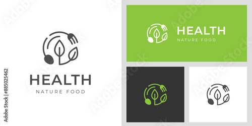 healthy food logo icon design line style for Organic food vector design with Fork, spoon and leaves graphic symbol