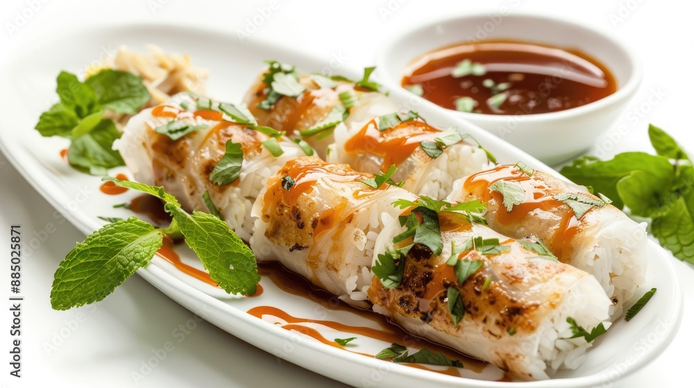 Fresh pork rice rolls garnished with mint and cilantro, served with a side of dipping sauce, isolated on white Fresh pork rice rolls garnished with mint and cilantro, served with a side of dipping sauce, isolated on white