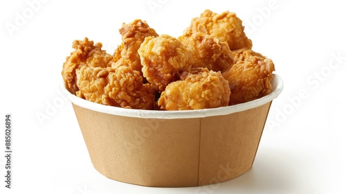 Golden fried chicken, nuggets, and crispy skin in a paper bucket, isolated on white with clipping path, emphasizing delicious crunch