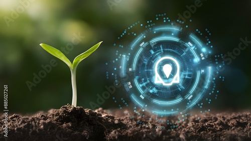 a green sprout growing from soil, with a large leaf in a holographic effect, Innovative technology integrating nature and digital symbols.