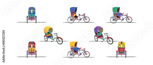 Set of colorful rickshaws, Bangladeshi Rickshaw art Tri cycle of Dhaka city