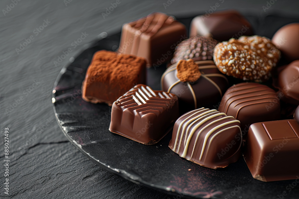 Chocolates on a dark plate in a black background, concept of sweet dessert food macro photography Chocolates on a dark plate in a black background, concept of sweet dessert food macro photography
