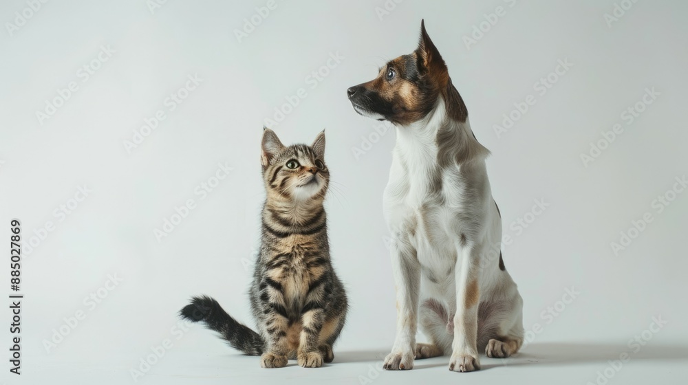 Sweet Jagdterrier and Scottish Straight cat standing upright, exploring together with curiosity and charm. Studio shot on white background. Sweet Jagdterrier and Scottish Straight cat standing upright, exploring together with curiosity and charm. Studio shot on white background.