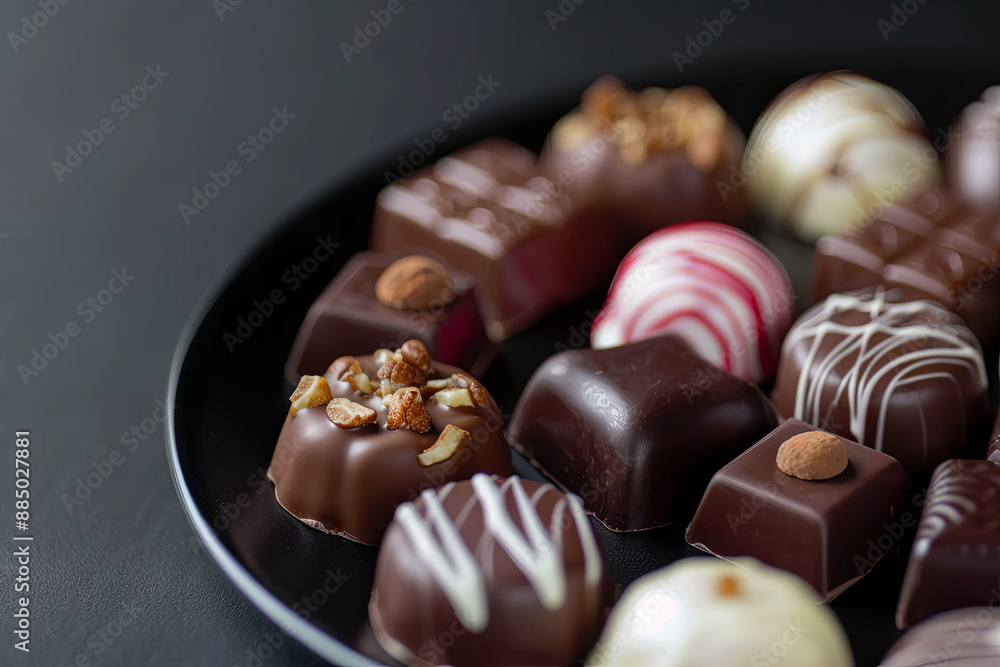 Chocolates on a dark plate in a black background, concept of sweet dessert food macro photography