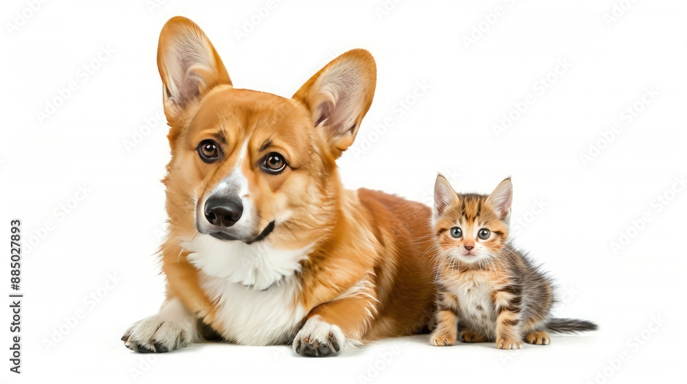 Sweet Welsh corgi and tiny red kitten sitting peacefully side by side, isolated on white. Loving pet companions. Sweet Welsh corgi and tiny red kitten sitting peacefully side by side, isolated on white. Loving pet companions.