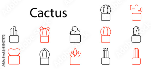 Cactus set icon. Plant, succulent, pot, desert, spines, botanical, nature, home, decoration, garden, green, indoor, flora, cactus, houseplant, foliage, thorny, growth, prickly.