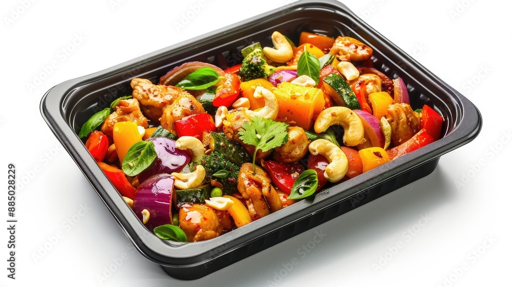 Take-away container of Thai chicken with cashew nuts, with colorful vegetables, isolated on white background Take-away container of Thai chicken with cashew nuts, with colorful vegetables, isolated on white background