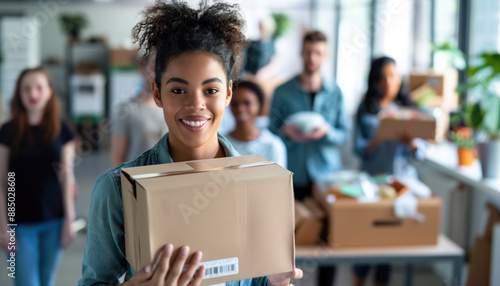 Smiling young woman holding cardboard box with volunteers in background at community center. Volunteering, charity work, teamwork, helping others, community service, donation concept. photo