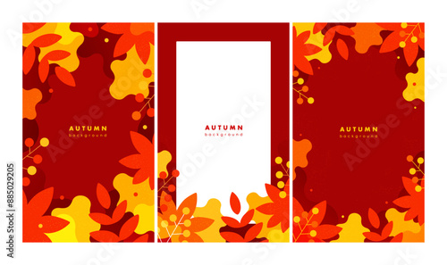 紅葉をイメージした赤い背景。秋のイラスト素材。スマホのバナーや背景に適した縦長のフレームセット。