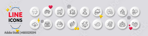 Restaurant food, Tractor and Work home line icons. White buttons 3d icons. Pack of Engineering plan, Fast delivery, Discrimination icon. Toolbox, Collagen skin, Engineering team pictogram. Vector