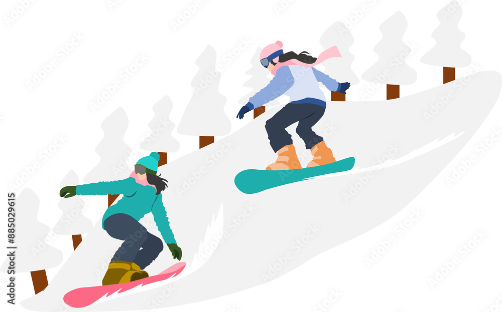 冬の雪山でスノボーする女性のイラスト 冬の雪山でスノボーする女性のイラスト
