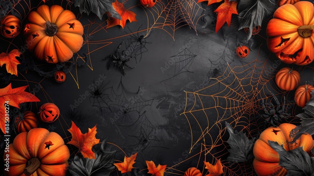 Halloween-themed background with intricately carved pumpkins, realistic spider webs, and lifelike autumn leaves, ideal for text placement Halloween-themed background with intricately carved pumpkins, realistic spider webs, and lifelike autumn leaves, ideal for text placement