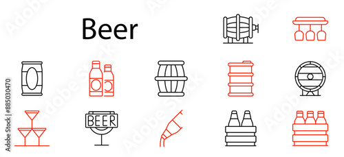 Beer set icon. Bottle, can, keg, barrel, brewery, tap, pub, glass, drink, alcohol, beverage, draft, brew, fermentation, lager, ale, pint, brewing, container, packaging.