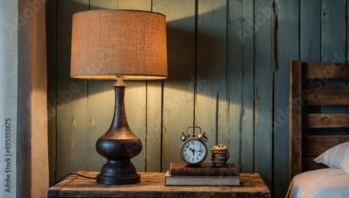 Obraz na płótnie A rustic table lamp made from reclaimed wood and iron w salonie