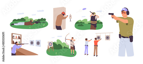 Professional shooters training on shoot range set. People aiming in bullseye target, aim with weapon, gun, rifle. Person shoting by bow on shooting gallery. Flat isolated vector illustrations on white