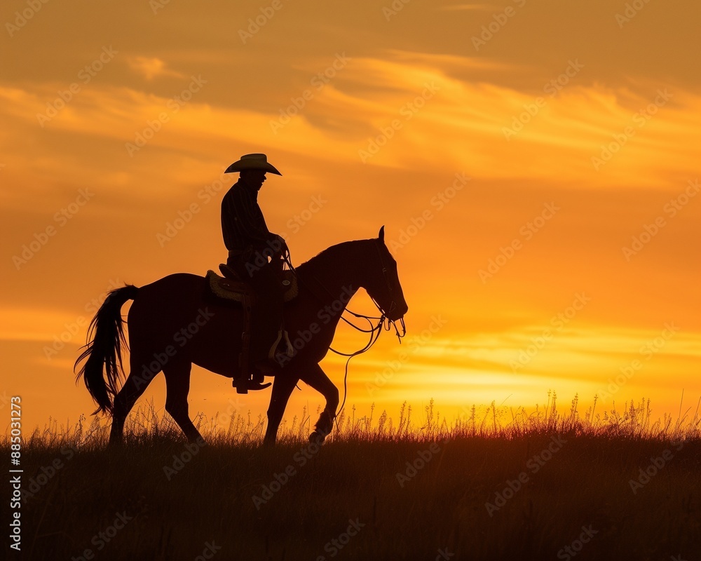 Cowboy Riding Horse at Sunset in Open Field with Vibrant Orange Sky Photograph Cowboy Riding Horse at Sunset in Open Field with Vibrant Orange Sky Photograph