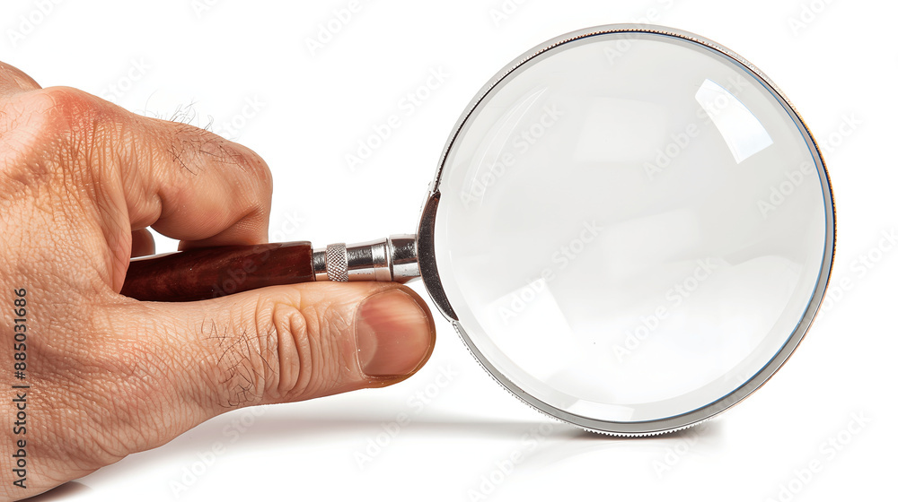 Fototapeta premium Hand holding magnifying glass on white background