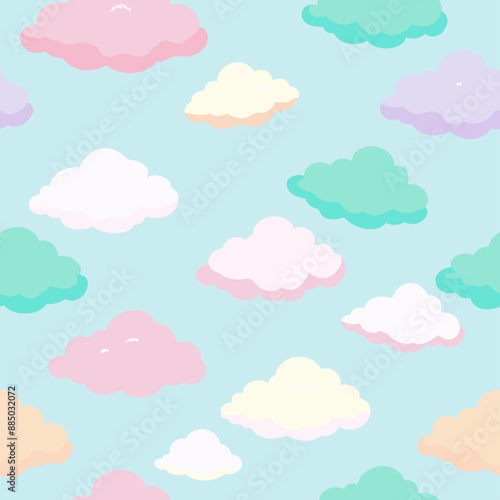 The design features a seamless pattern of vivid clouds against a blue backdrop