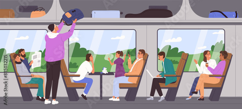 Different people sit on seats inside carriage. Passengers travel by train. Railway interior with landscape in window. Men, women with luggage, laptop in railroad journey. Flat vector illustration