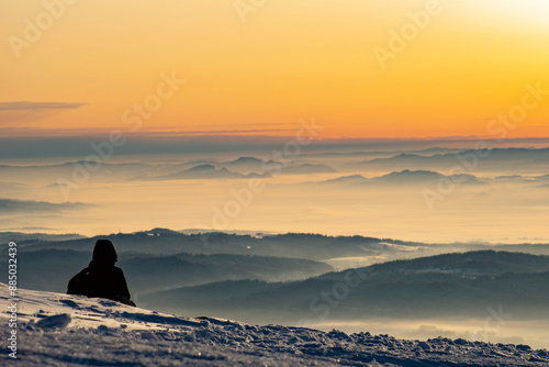 sunrise over the Tatra Mountains and snowy mountain peaks