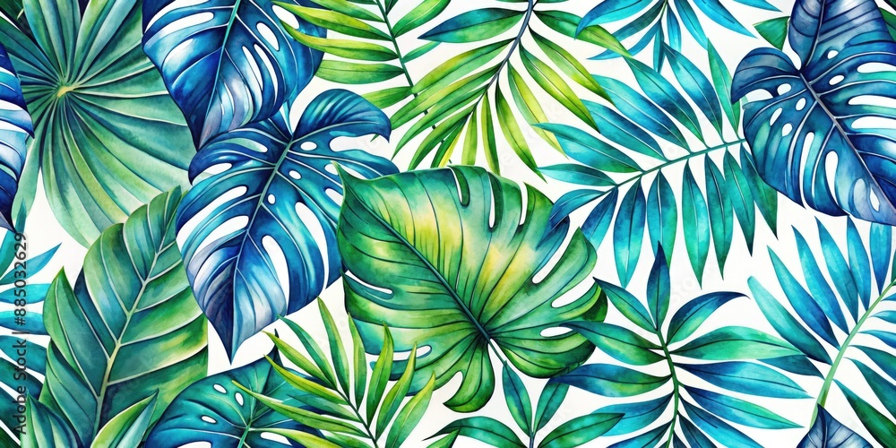Vibrant tropical palm leaves with large fronds in flat design, viewed from above, evoke summer vibes with a refreshing tetradic watercolor palette of blues and greens. Vibrant tropical palm leaves with large fronds in flat design, viewed from above, evoke summer vibes with a refreshing tetradic watercolor palette of blues and greens.