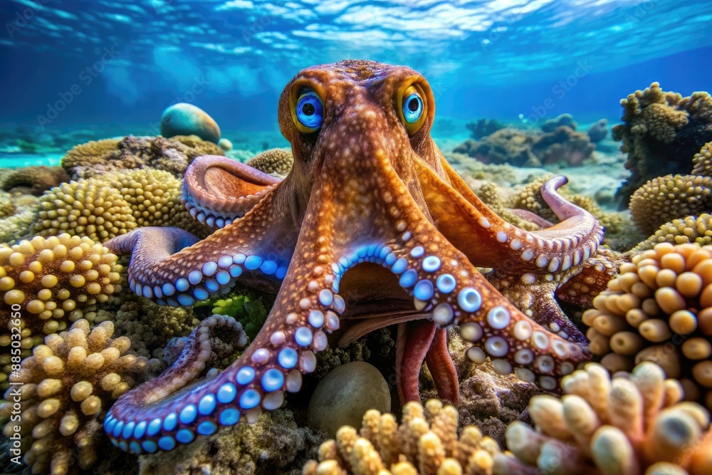 Vibrant day octopus with vibrant blue eyes and mottled brown skin majestically swims amidst coral and seaweed in crystal-clear Kona Hawaiian waters. Vibrant day octopus with vibrant blue eyes and mottled brown skin majestically swims amidst coral and seaweed in crystal-clear Kona Hawaiian waters.