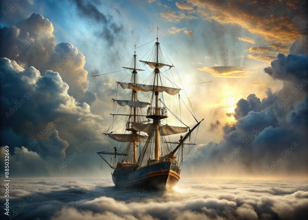 Fototapeta premium A majestic vessel sails through a whimsical sea of puffy white clouds, with intricate rigging and weathered sails, surrounded by a subtle misty atmosphere.