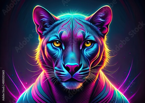 Vibrant neon cougar illustration with glowing eyes and claws against a dark gradient background, perfect for screensavers and covers with a futuristic vibe. photo