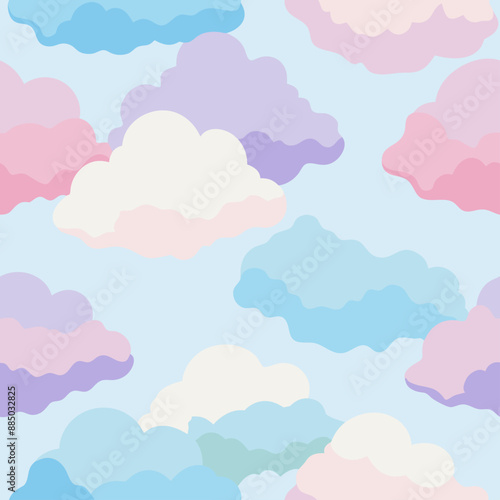 A seamless pattern of colorful clouds floating in a blue sky