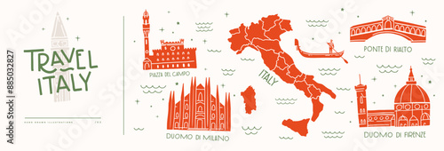 Set of popular symbols of Italy. Decorative images: map of Italy with islands, gondolier, bridge in Venice, palazzos and cathedrals. Design element for souvenir products. Vector illustration isolated.