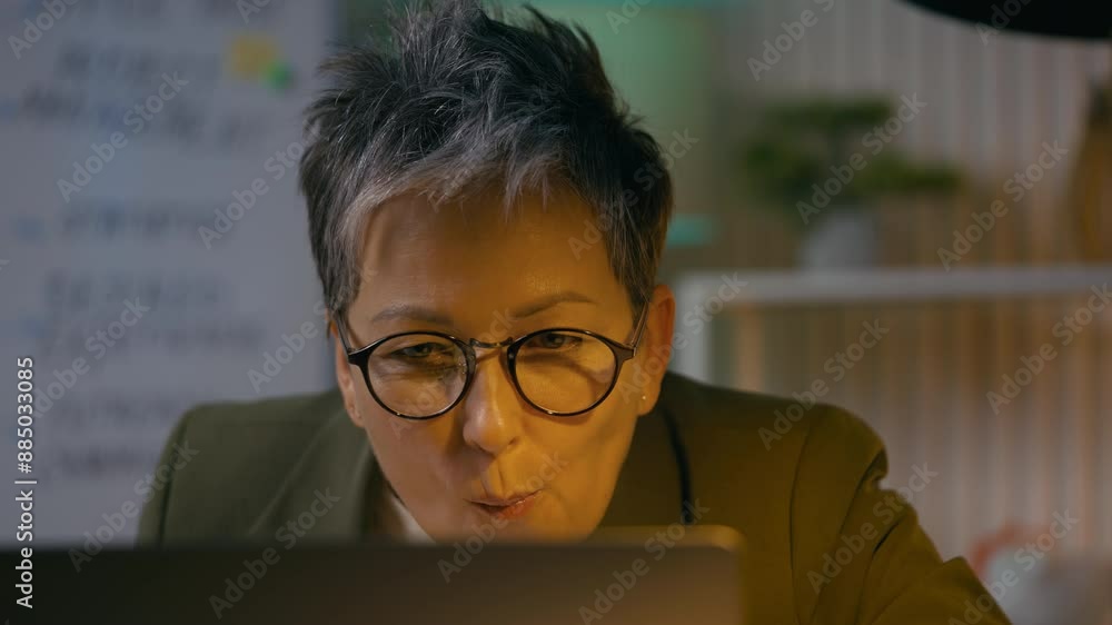 Busy middle-aged woman manager working in office till late and eating a cake Busy middle-aged woman manager working in office till late and eating a cake