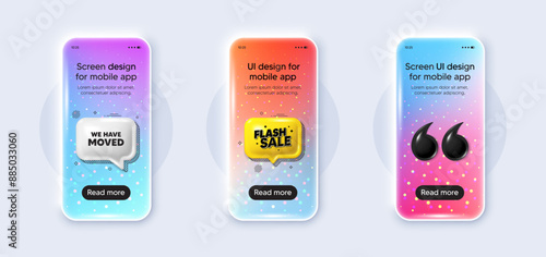 Phone 3d mockup gradient screen. We have moved. Move new address sign. Place relocate symbol. We have moved phone mockup message. Flash sale chat speech bubble. Yellow text box app. Vector