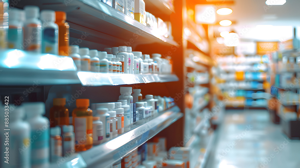 Fototapeta premium A drug store with medicine bottles lined up beautifully on the shelves. on a blurred background Concept of selling medicines, medical supplies, dietary supplements, medical equipment Close-up photo
