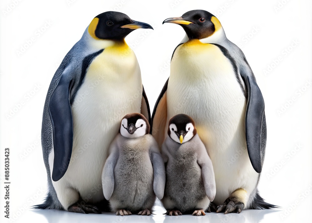 Isolated on transparent background, an adorable emperor penguin family stands together, showcasing tender bonding, with the chick nestled between devoted parents' protective feathers. Isolated on transparent background, an adorable emperor penguin family stands together, showcasing tender bonding, with the chick nestled between devoted parents' protective feathers.