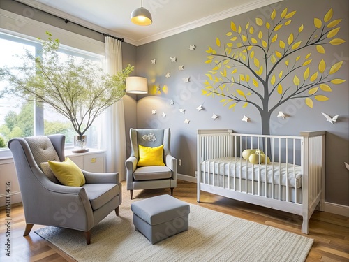 Serene modern nursery boasts gray and yellow hues, tree mural, bird decals, stylish armchair, crib, dresser, and matching furniture for a soothing atmosphere. photo