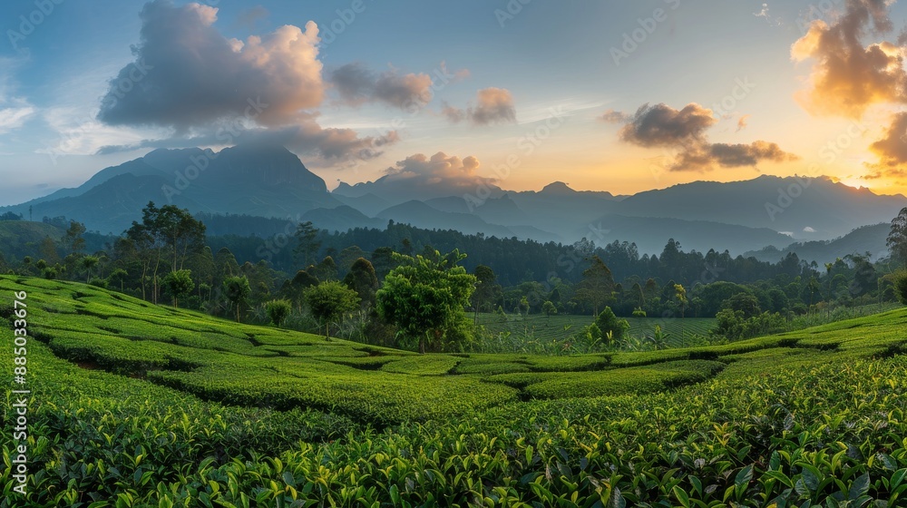 panorama of the tea plantations at sunset - Sri Pada peak in the background panorama of the tea plantations at sunset - Sri Pada peak in the background