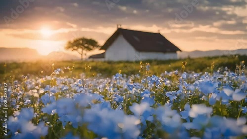 田舎の古屋とネモフィラ4k