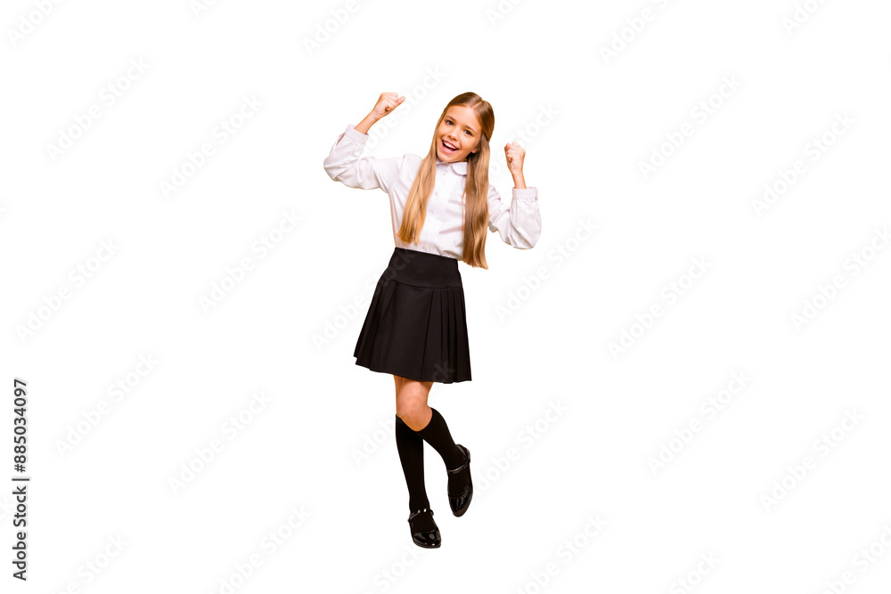 Fototapeta premium Full length body size view of her she nice-looking attractive lovely cheerful cheery glad straight-haired pre-teen girl having fun rejoicing isolated on bright vivid shine yellow background