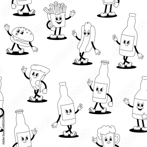Vector seamless pattern with linear retro mascot characters walking glass bottles with drink and various fast food
