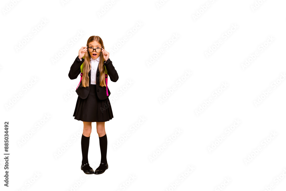 Full size photo astonished kid have bag backpack rucksack standing isolated over yellow background Full size photo astonished kid have bag backpack rucksack standing isolated over yellow background