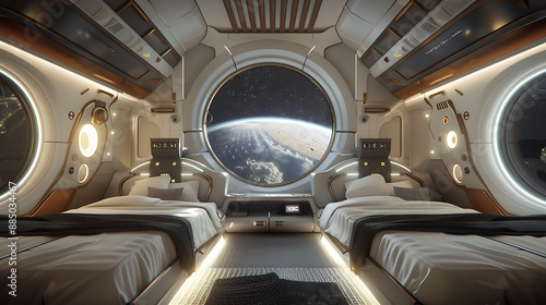 Fototapeta Naklejka Na Ścianę i Meble -  Comfortable minimalistic bedroom in a spaceship with pilot seats and cockpit and dark starfield outside. Generative AI illustration 