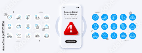 Empower, Sports stadium and Mountain flag line icons. Phone mockup with 3d danger icon. Pack of Timer, Winner, Leadership icon. Bike attention, Best friend, Arena stadium pictogram. Vector