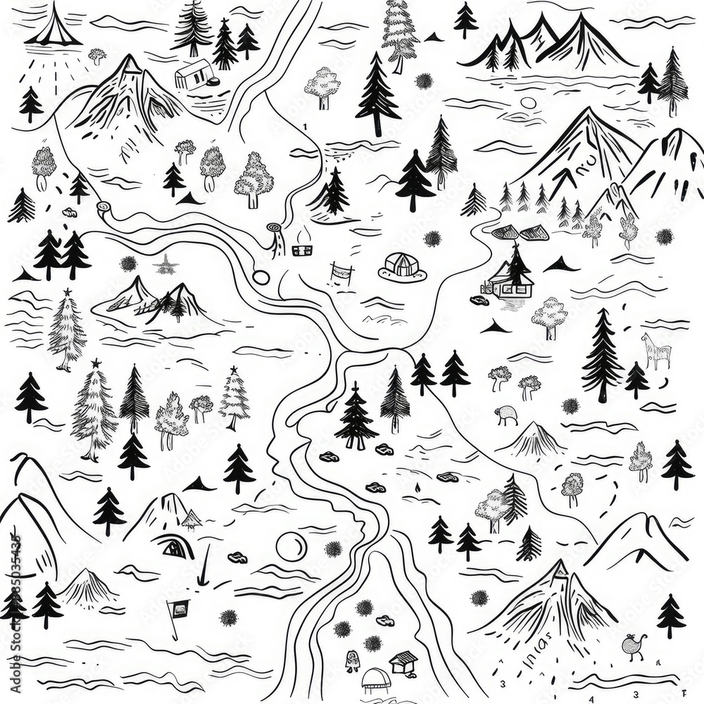 A black and white camping map, a summer camp background vector, capturing nature and adventure A black and white camping map, a summer camp background vector, capturing nature and adventure