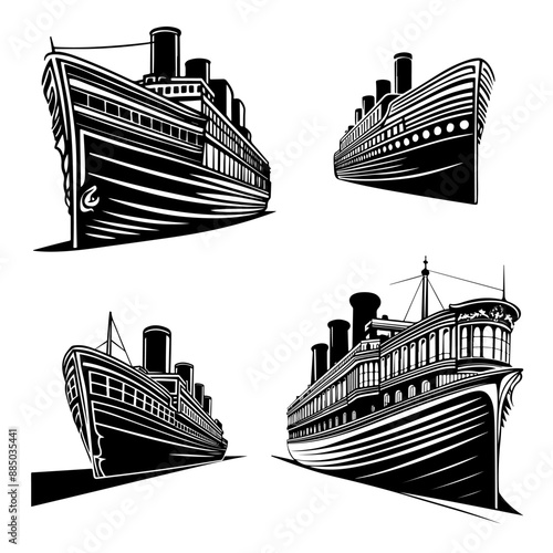 Vintage black and white rich vintage steamship depicted at an angle in perspective. Vector set of sketches of ships in clip art style